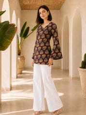 Plum Floral Buta Back Criss-Cross Tie Short Kurti in Cotton