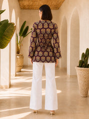 Plum Floral Buta Back Criss-Cross Tie Short Kurti in Cotton