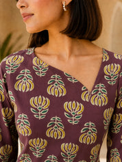 Plum Floral Buta Back Criss-Cross Tie Short Kurti in Cotton