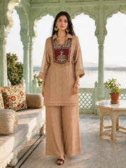 Dusty Rose Shimmer 3 Piece Co-ord Set with Embroidered Yoke in Crushed Tissue