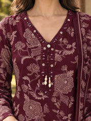 Burgundy Mirror & Sequin Floral Jaal Kurta Set with Dupatta in Vatican