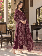 Burgundy Mirror & Sequin Floral Jaal Kurta Set with Dupatta in Vatican