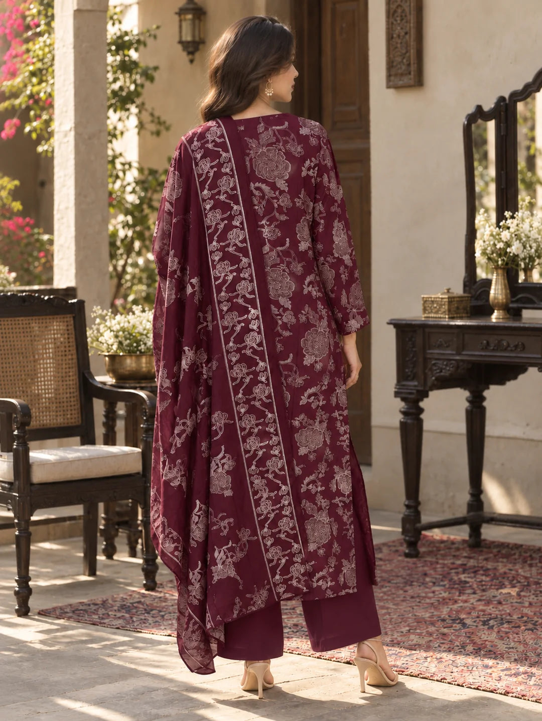 Burgundy Mirror & Sequin Floral Jaal Kurta Set with Dupatta in Vatican