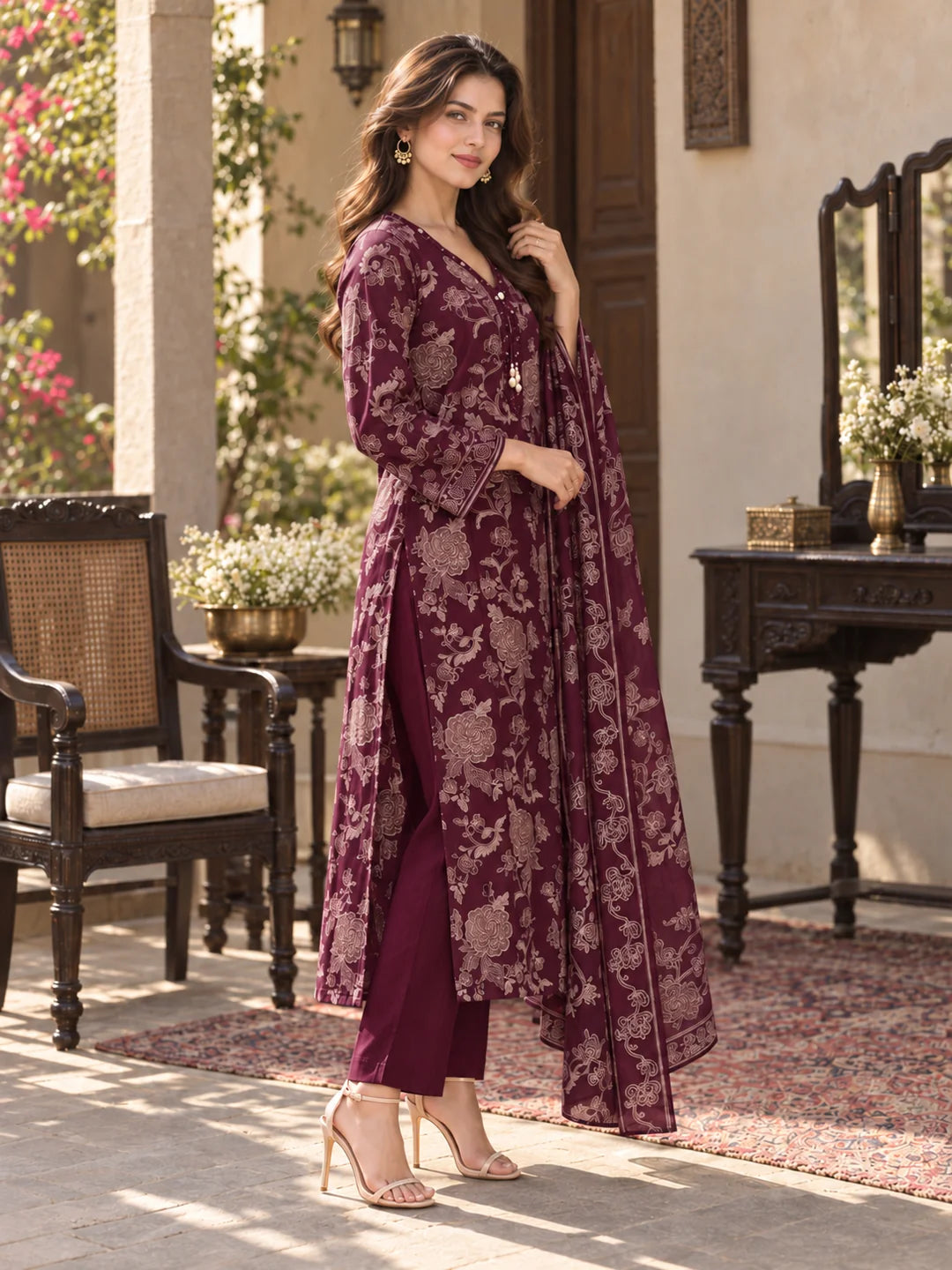 Burgundy Mirror & Sequin Floral Jaal Kurta Set with Dupatta in Vatican