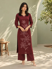 Conjunto Kurta verde pistacho con bordado floral en Mul Chanderi