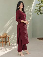 Conjunto Kurta verde pistacho con bordado floral en Mul Chanderi