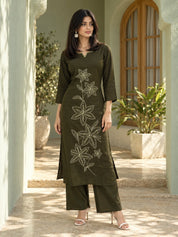 Olive Green Running Stitch Neck Floral Embroidered Kurta Set in Cotton Flex