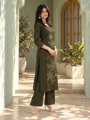 Olive Green Running Stitch Neck Floral Embroidered Kurta Set in Cotton Flex