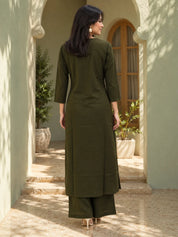 Olive Green Running Stitch Neck Floral Embroidered Kurta Set in Cotton Flex