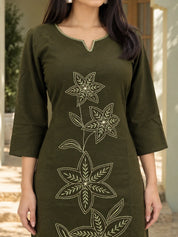 Olive Green Running Stitch Neck Floral Embroidered Kurta Set in Cotton Flex