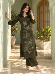 Olive Green Running Stitch Neck Floral Embroidered Kurta Set in Cotton Flex