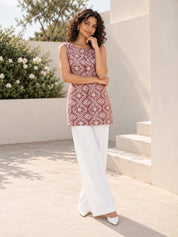 Pink Sleeveless Short Kurti with 2 Button Placket & Front Pleat in Cotton