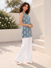 Slate Blue Sleeveless Front Pleat Short Kurti with Leaf Buta Print in Cotton