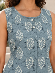 Slate Blue Sleeveless Front Pleat Short Kurti with Leaf Buta Print in Cotton