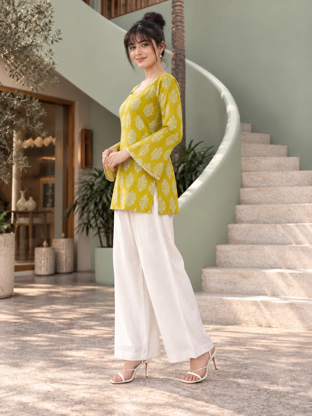 Yellow Square Neck Back Criss-Cross Tie Short Kurti in Cotton