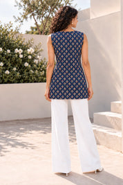 Navy Blue Sleeveless 2 Button Front Pleat Floral Buti Short Kurti in Cotton