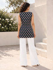 Charcoal Grey Sleeveless 2 Button Front Pleat Floral Buti Short Kurti in Cotton