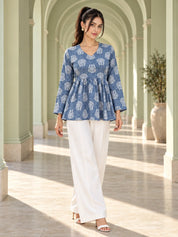Sky Blue V-Neck A-Line Peplum Short Kurti with Marble Effect & Buta Print in Cotton