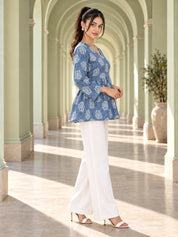 Sky Blue V-Neck A-Line Peplum Short Kurti with Marble Effect & Buta Print in Cotton