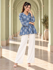 Sky Blue V-Neck A-Line Peplum Short Kurti with Marble Effect & Buta Print in Cotton
