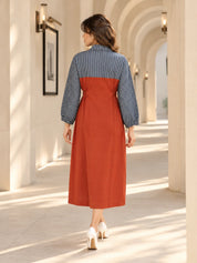 Rust Orange & Dark Grey Striped Zip-Front A-Line Dress with Patchwork in Cotton Flex