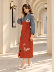Rust Orange & Dark Grey Striped Zip-Front A-Line Dress with Patchwork in Cotton Flex