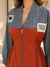 Rust Orange & Dark Grey Striped Zip-Front A-Line Dress with Patchwork in Cotton Flex