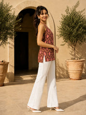 Maroon Halter Neck Cotton Short Kurti with Ikat Print