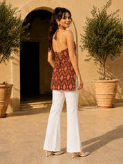Maroon Halter Neck Cotton Short Kurti with Ikat Print