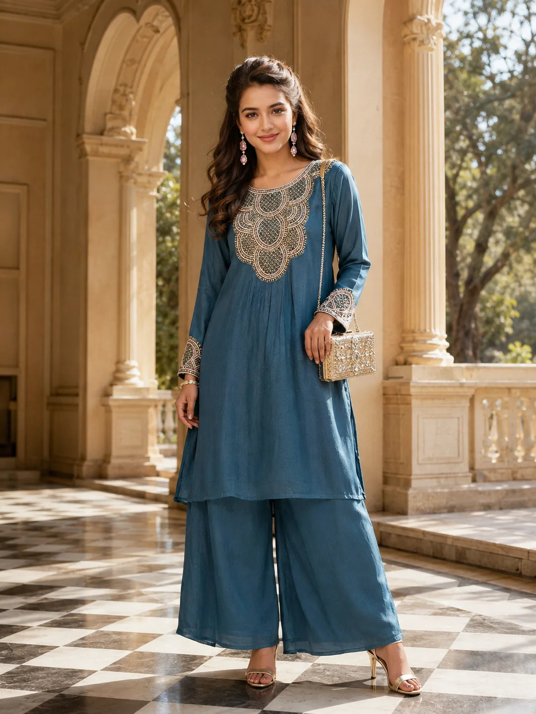 Slate Blue Embroidered Co-Ord Set in Pure Chinon