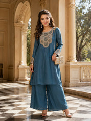 Slate Blue Embroidered Co-Ord Set in Pure Chinon