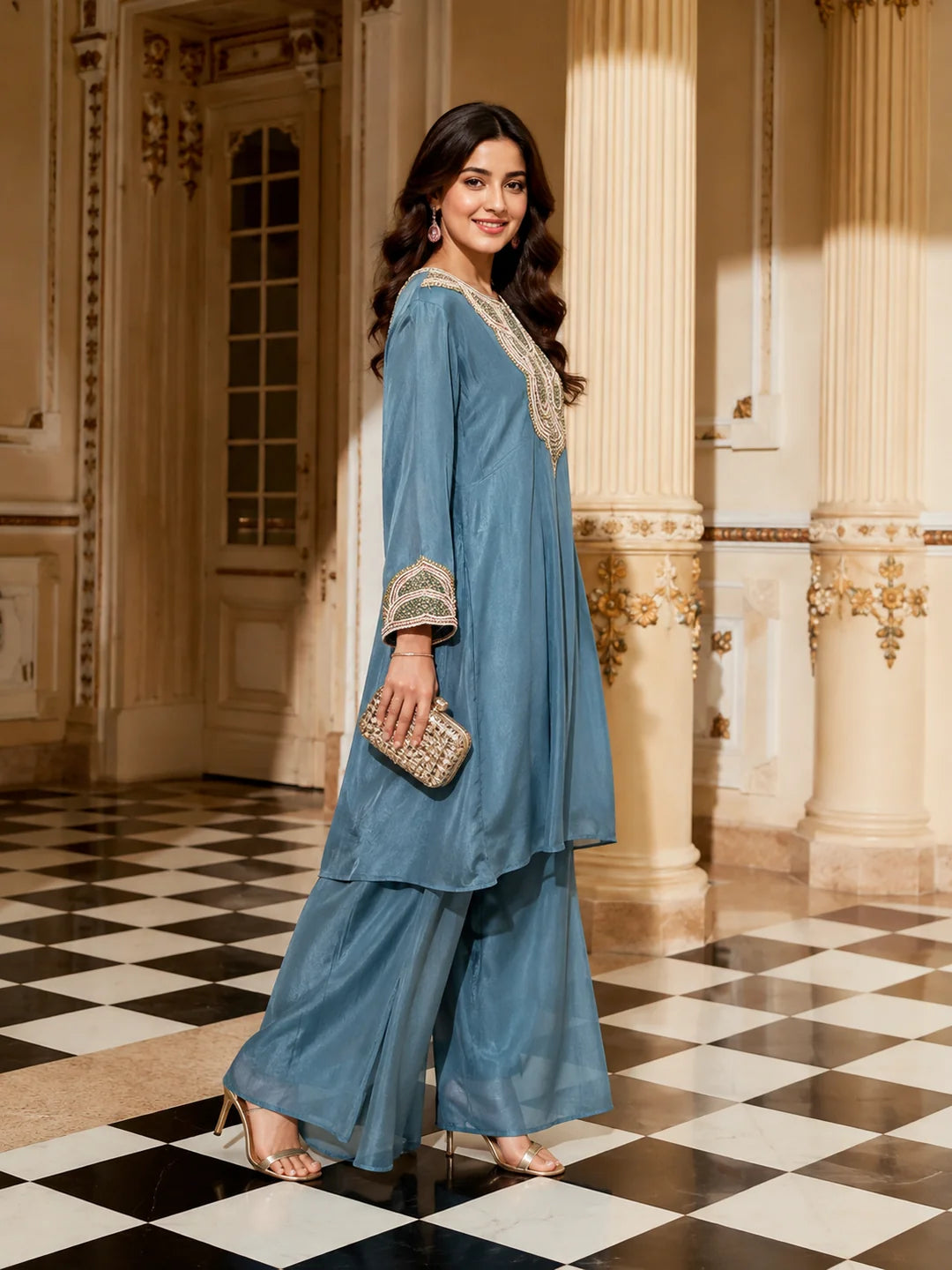Slate Blue Embroidered Co-Ord Set in Pure Chinon