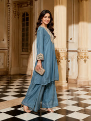 Slate Blue Embroidered Co-Ord Set in Pure Chinon