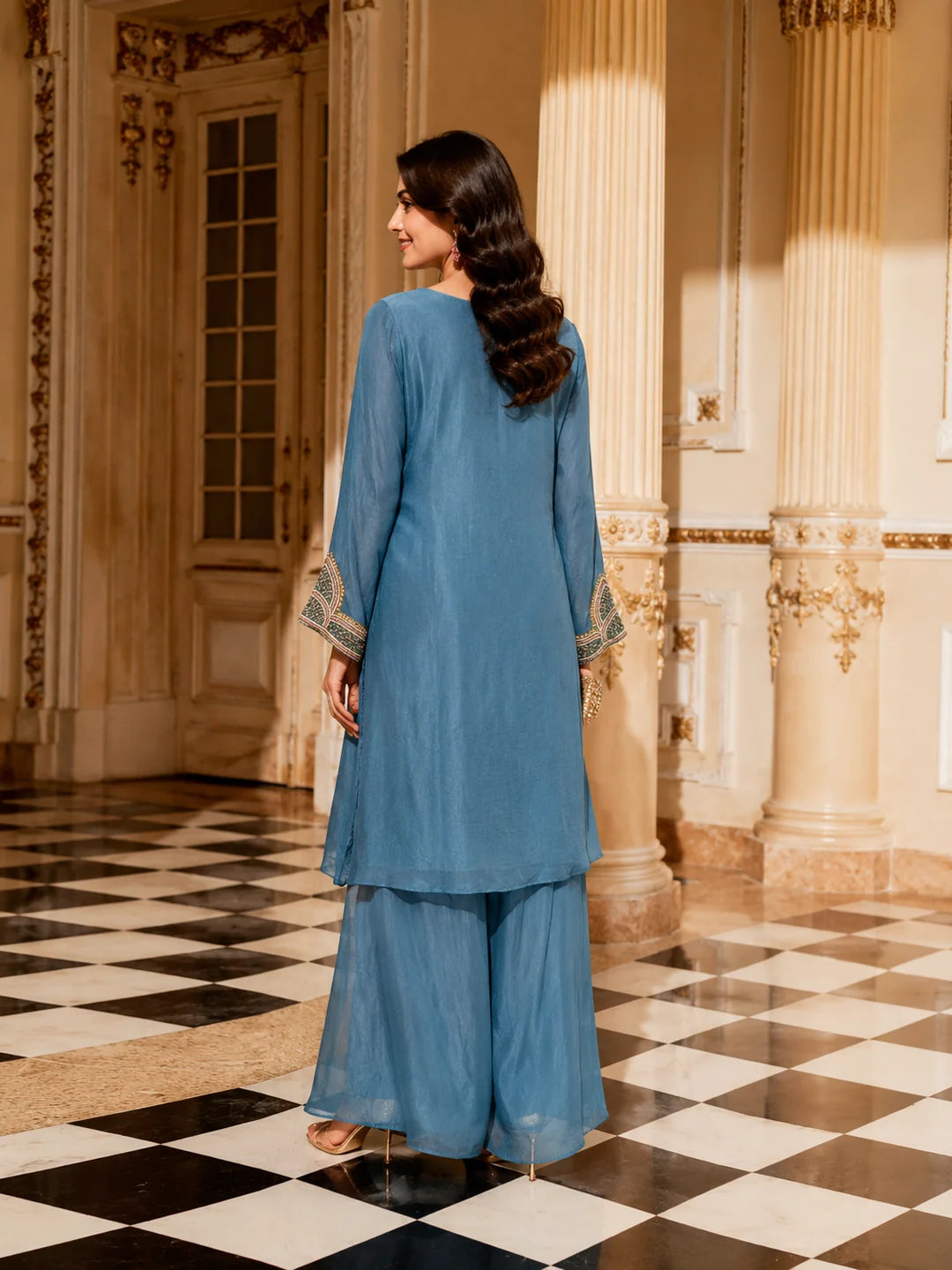 Slate Blue Embroidered Co-Ord Set in Pure Chinon