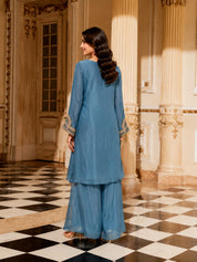 Slate Blue Embroidered Co-Ord Set in Pure Chinon