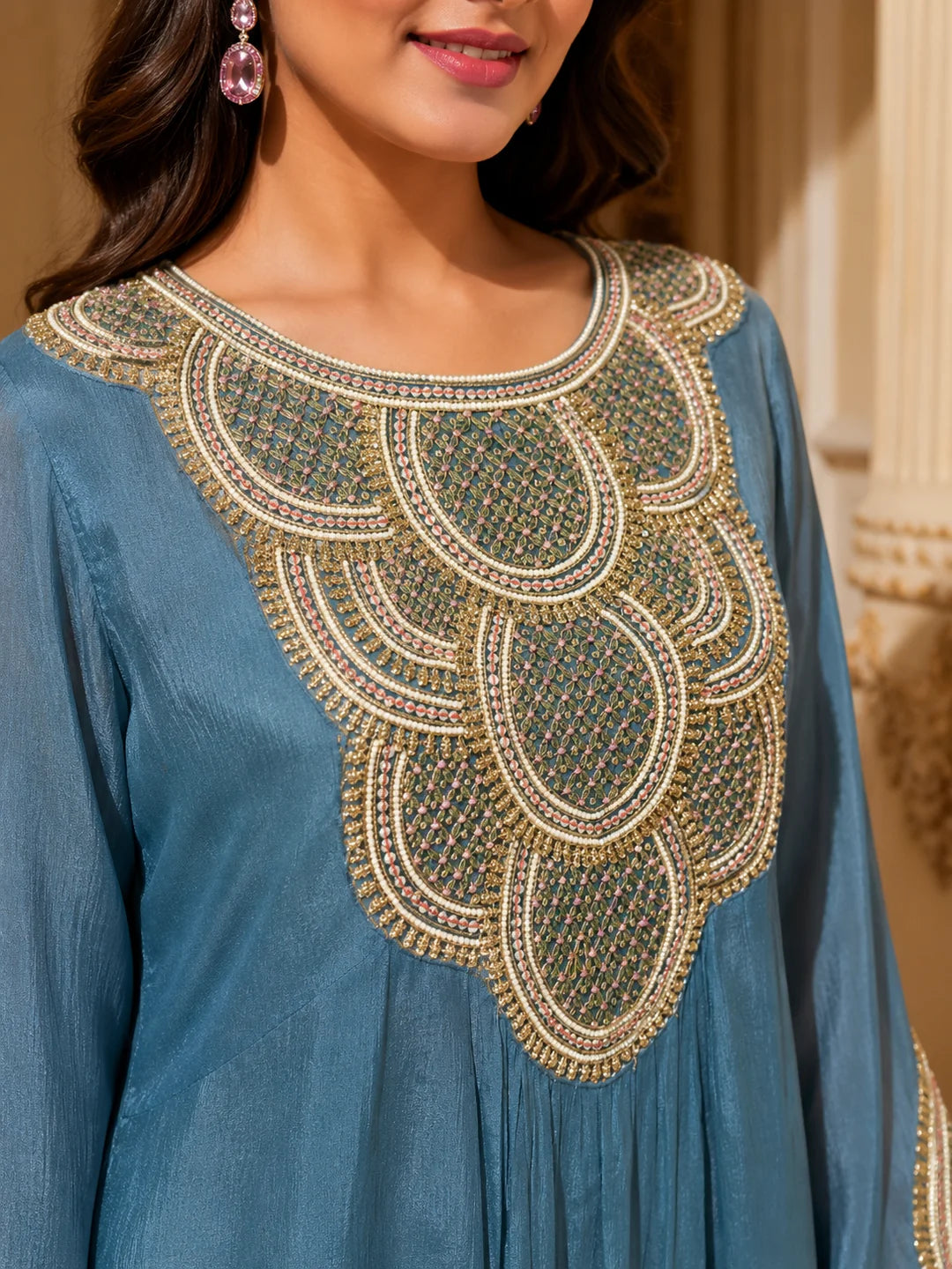 Slate Blue Embroidered Co-Ord Set in Pure Chinon