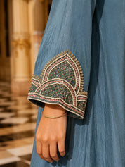 Slate Blue Embroidered Co-Ord Set in Pure Chinon