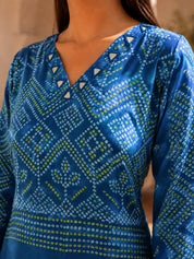 Blue Mirror Detail Bandhani Co-Ord Set with Bold Gaji Border in Gajji Silk
