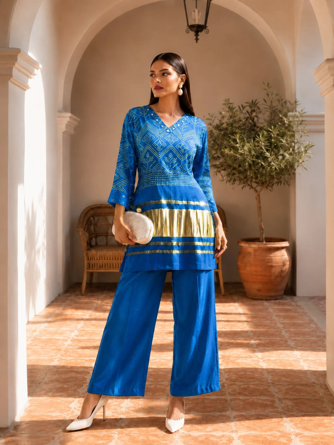 Blue Mirror Detail Bandhani Co-Ord Set with Bold Gaji Border in Gajji Silk