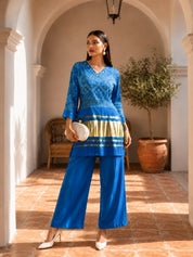 Blue Mirror Detail Bandhani Co-Ord Set with Bold Gaji Border in Gajji Silk