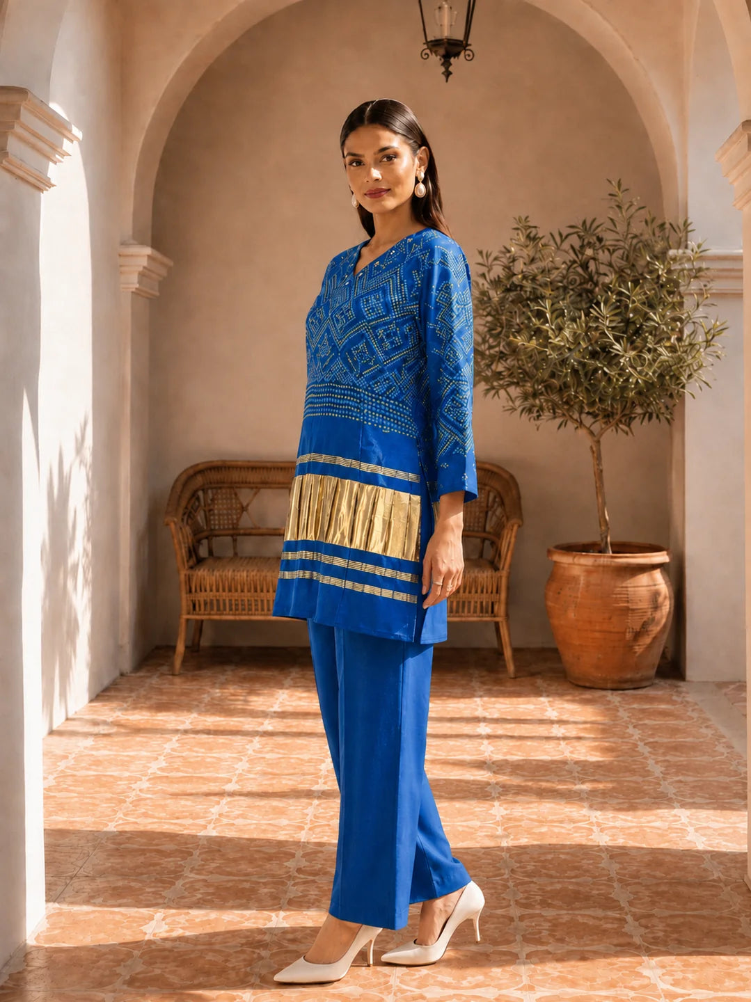 Blue Mirror Detail Bandhani Co-Ord Set with Bold Gaji Border in Gajji Silk