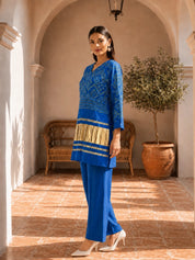 Blue Mirror Detail Bandhani Co-Ord Set with Bold Gaji Border in Gajji Silk