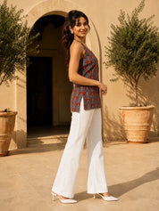 Red Base Halter Neck Cotton Short Kurti with Blue Window Block Print