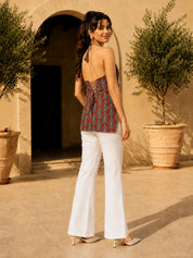 Red Base Halter Neck Cotton Short Kurti with Blue Window Block Print
