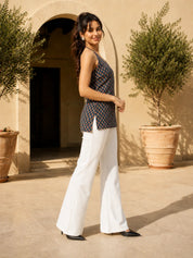 Navy Blue Halter Neck Cotton Short Kurti with Motif Print
