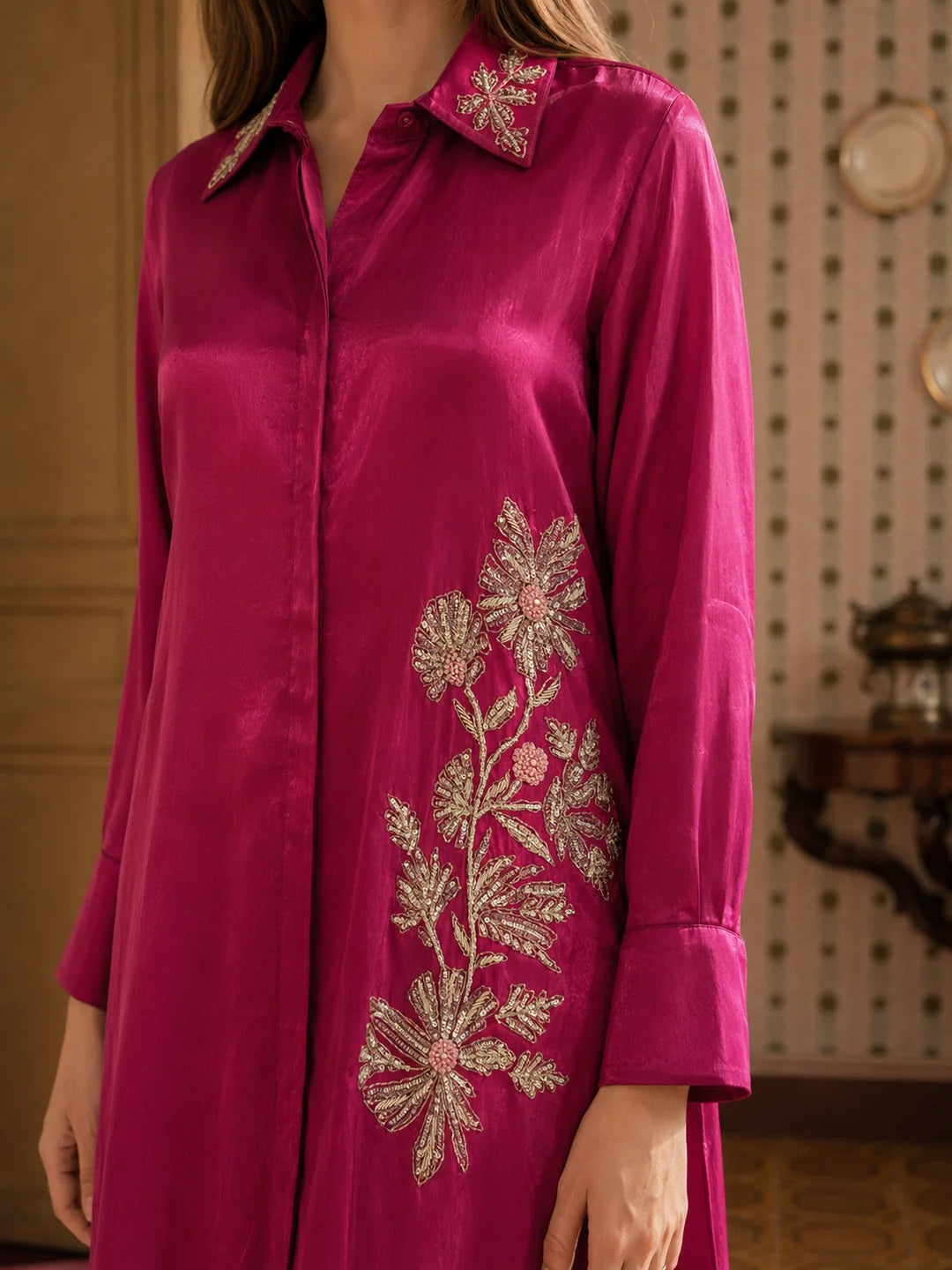 Magenta Pink Sequin Embroidered Co-Ord Set in Crepe
