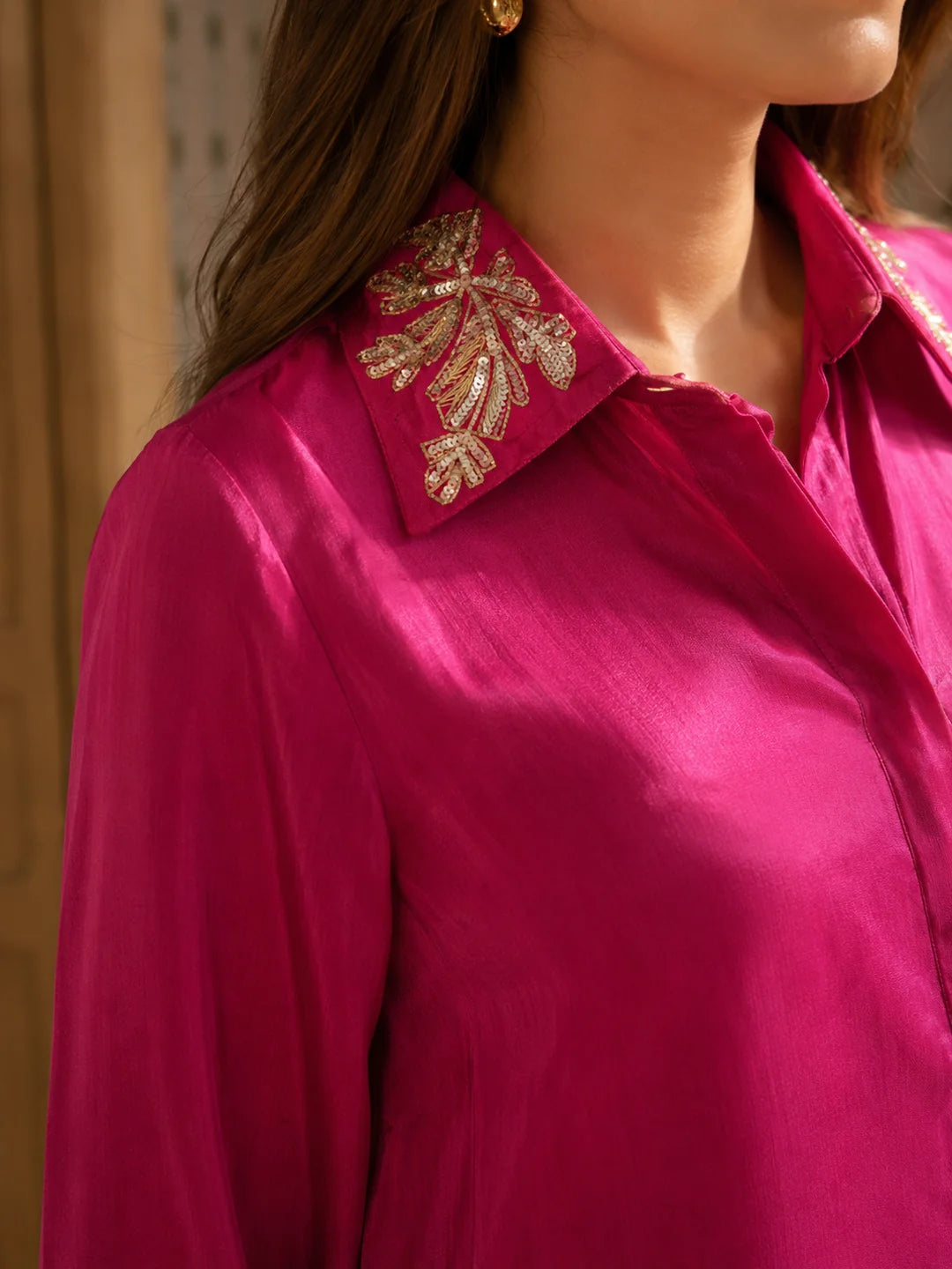Magenta Pink Sequin Embroidered Co-Ord Set in Crepe