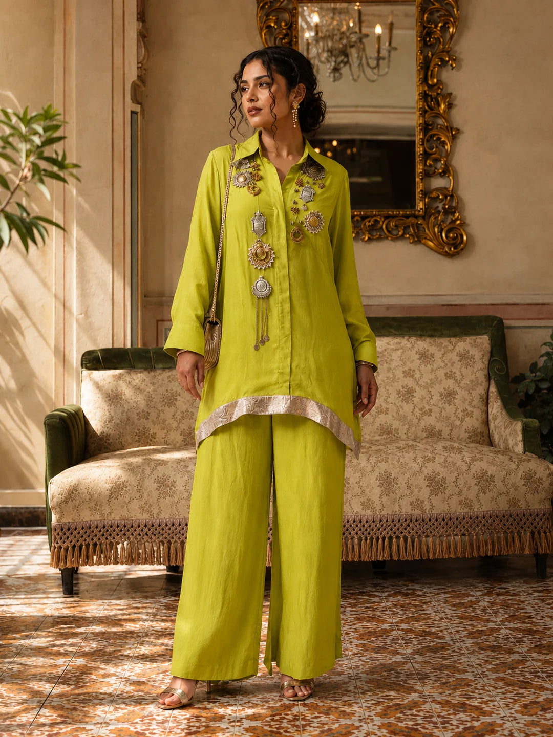 Lime Green Heavy Embellished High-Low Hem Co-Ord Set in Crepe