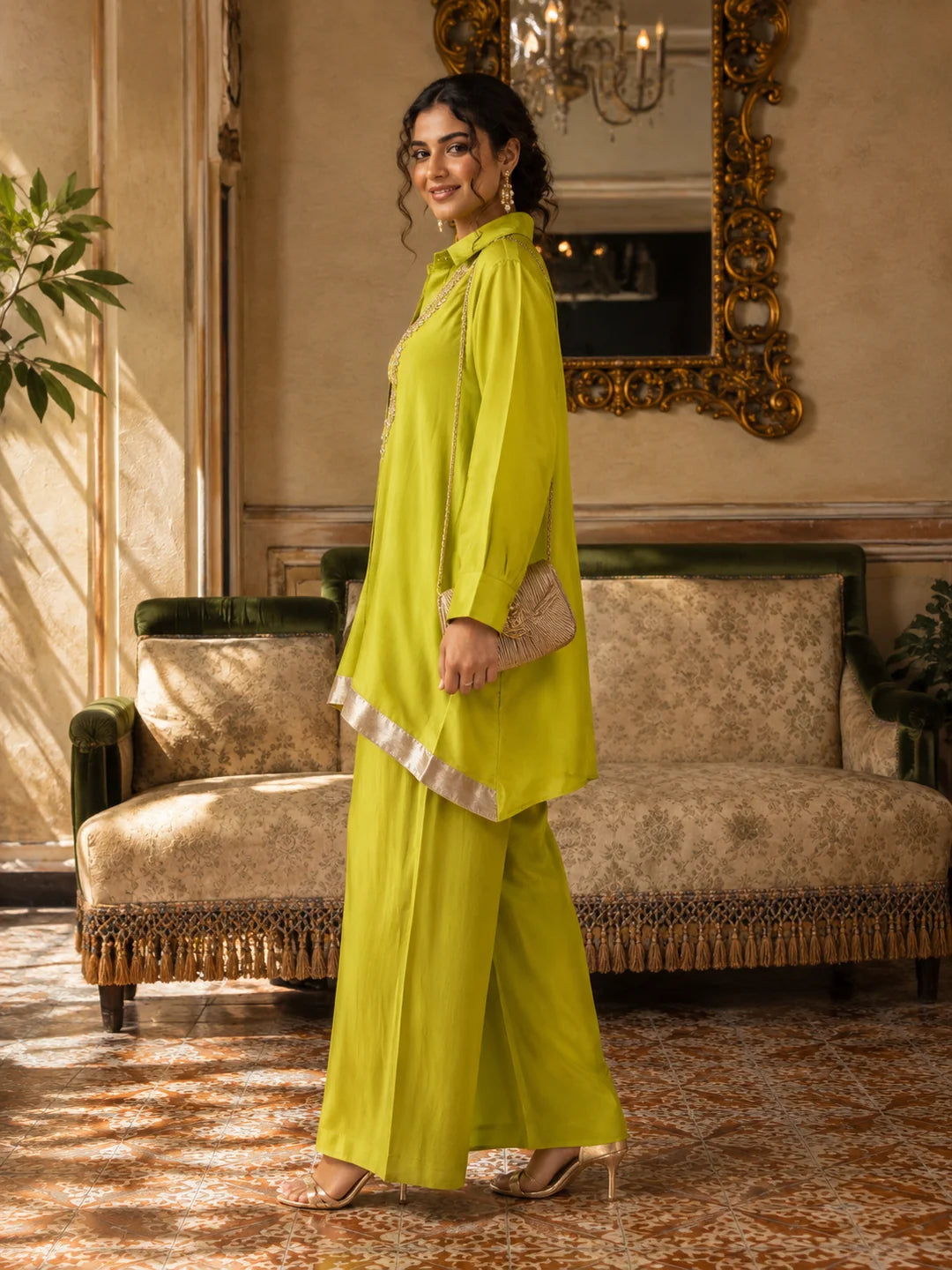 Lime Green Heavy Embellished High-Low Hem Co-Ord Set in Crepe