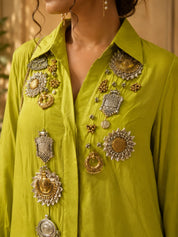 Lime Green Heavy Embellished High-Low Hem Co-Ord Set in Crepe